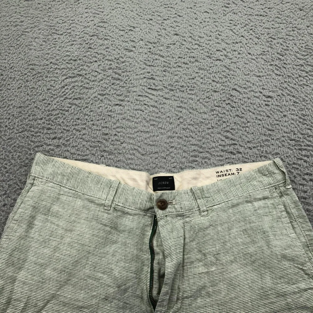 J. Crew Shorts Mens 32 Green Striped Chino Flat Front 7 Inseam Linen Casual